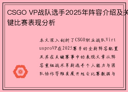 CSGO VP战队选手2025年阵容介绍及关键比赛表现分析
