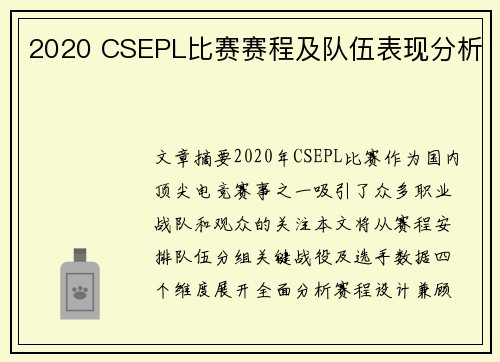 2020 CSEPL比赛赛程及队伍表现分析