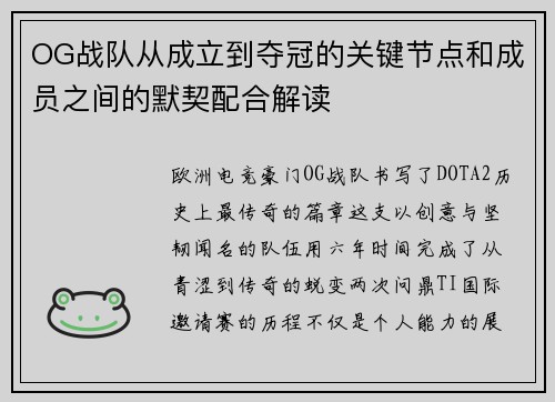 OG战队从成立到夺冠的关键节点和成员之间的默契配合解读